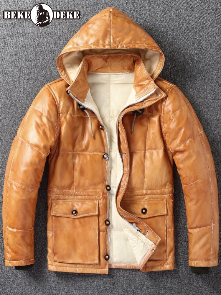 Winter Mens Sheepskin Genuine  - Leather Work Jacket With Hood review and price