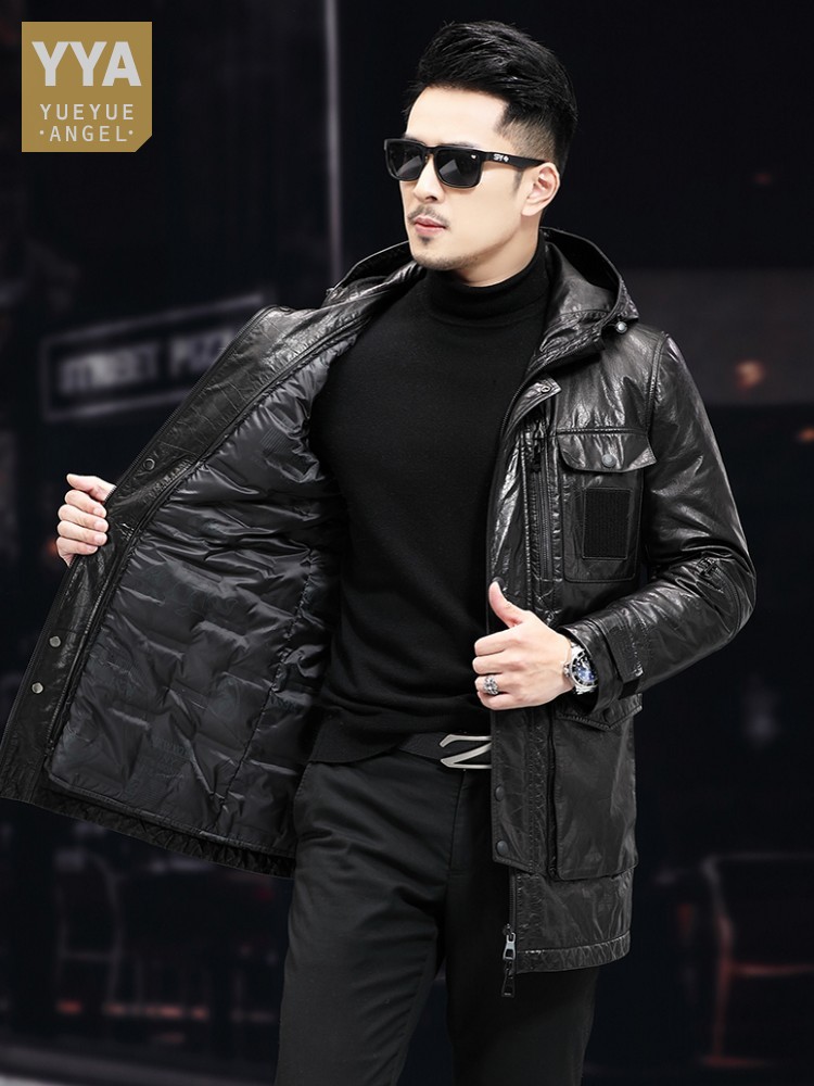 Men Winter Warm Mid Long Oil W - Leather Work Jacket With Hood review and price