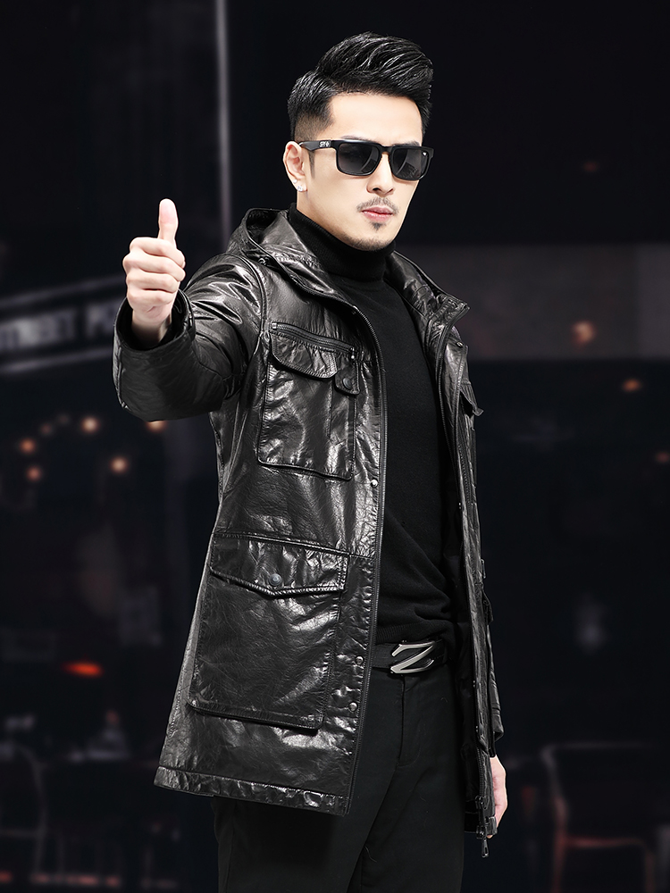 Men Winter Warm Mid Long Oil W - Leather Work Jacket With Hood review and price