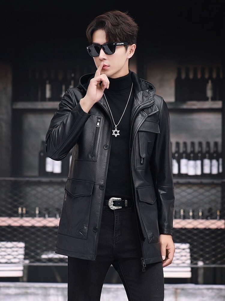 Winter Business Men Work Mid L - Leather Work Jacket With Hood review and price