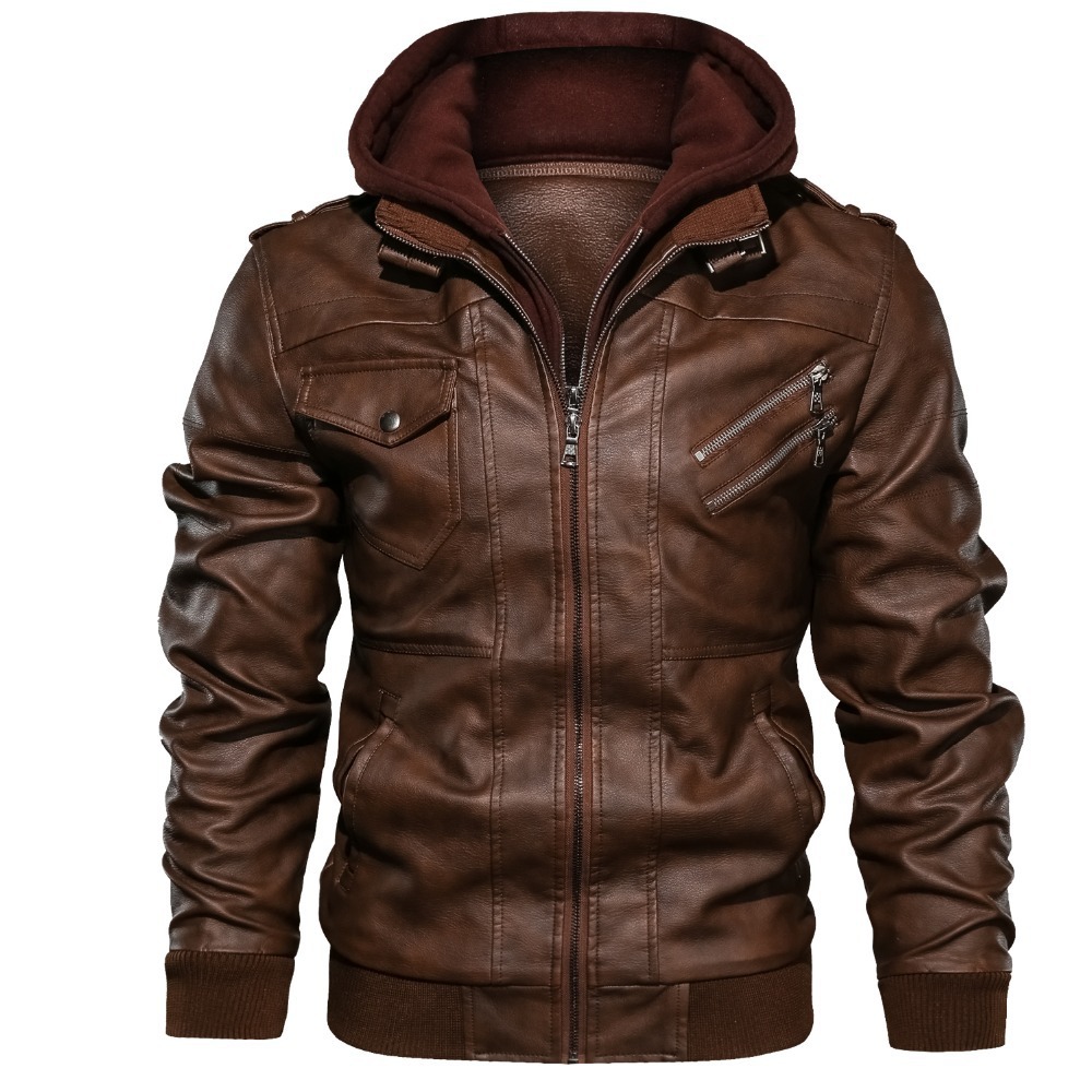 Men Hooded Coats Pu Jackets Zi - Leather Work Jacket With Hood review and price