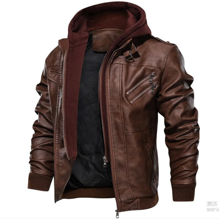 Men Hooded Coats Pu Jackets Zi - Leather Work Jacket With Hood review and price