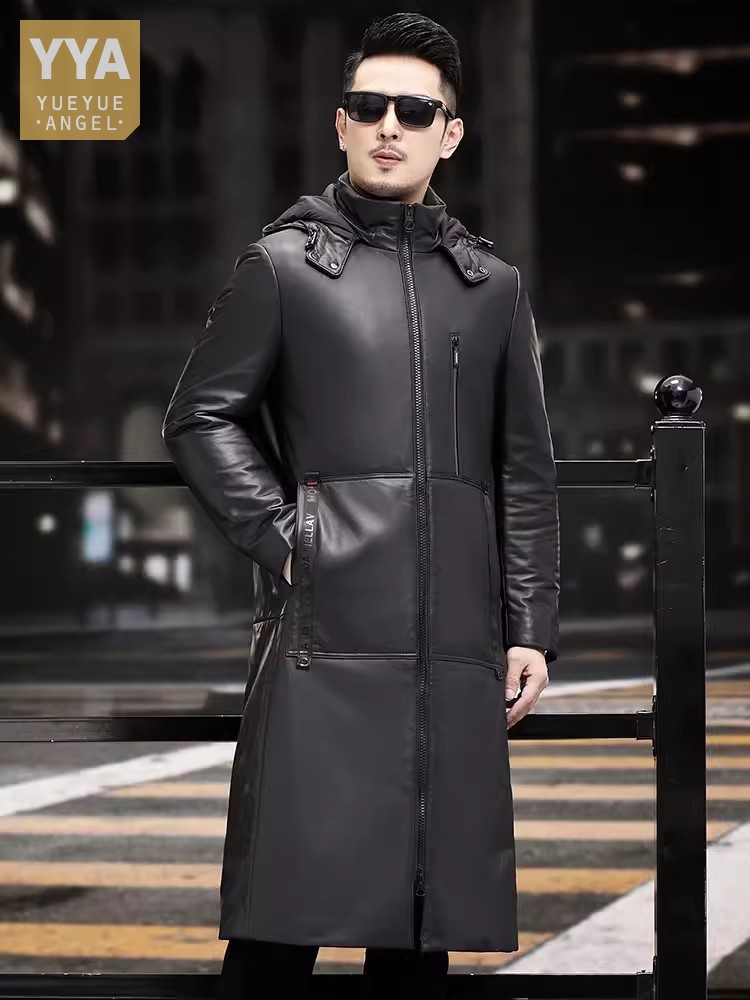 Winter Thick Warm Long Goose D - Leather Work Jacket With Hood review and price
