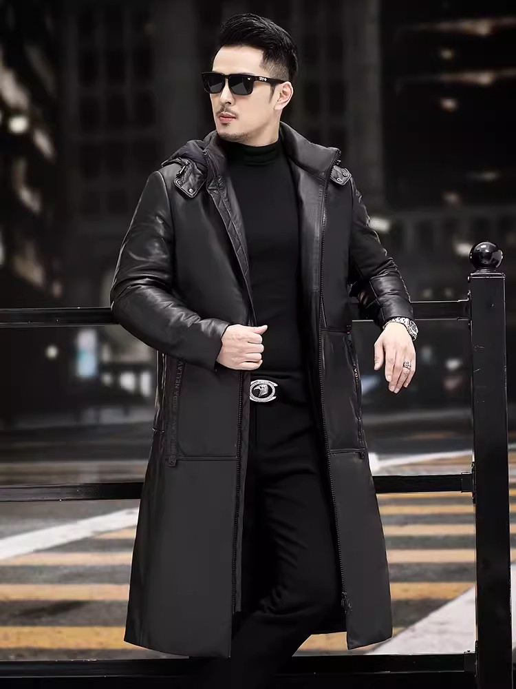 Winter Thick Warm Long Goose D - Leather Work Jacket With Hood review and price