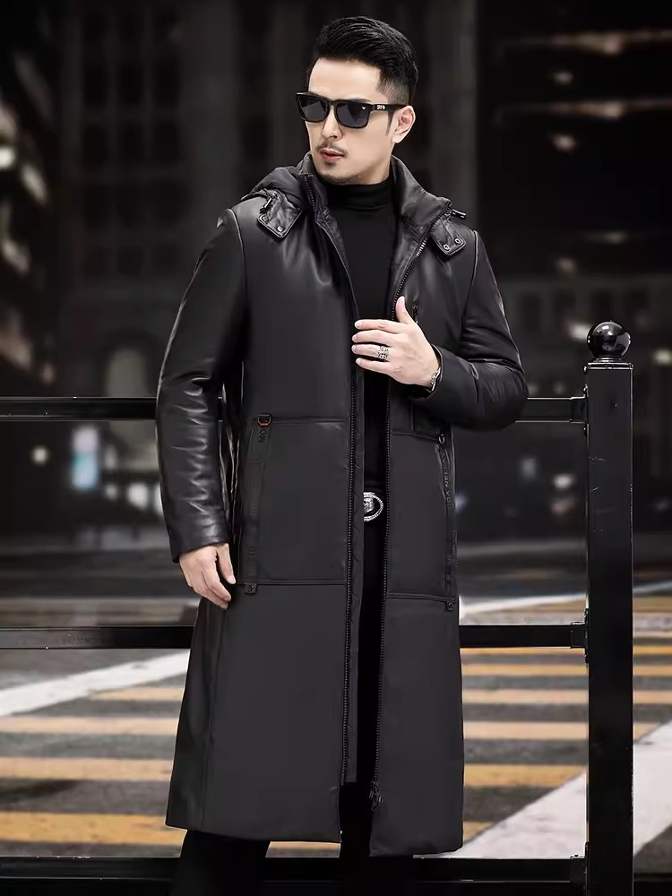 Winter Thick Warm Long Goose D - Leather Work Jacket With Hood review and price