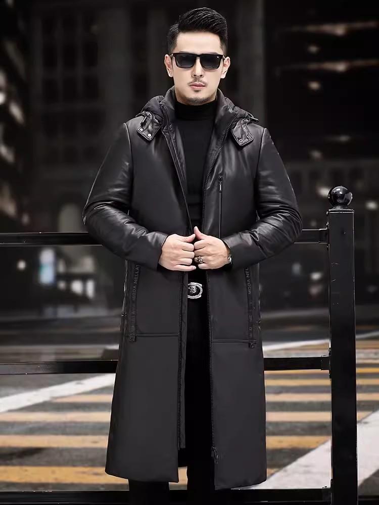 Winter Thick Warm Long Goose D - Leather Work Jacket With Hood review and price