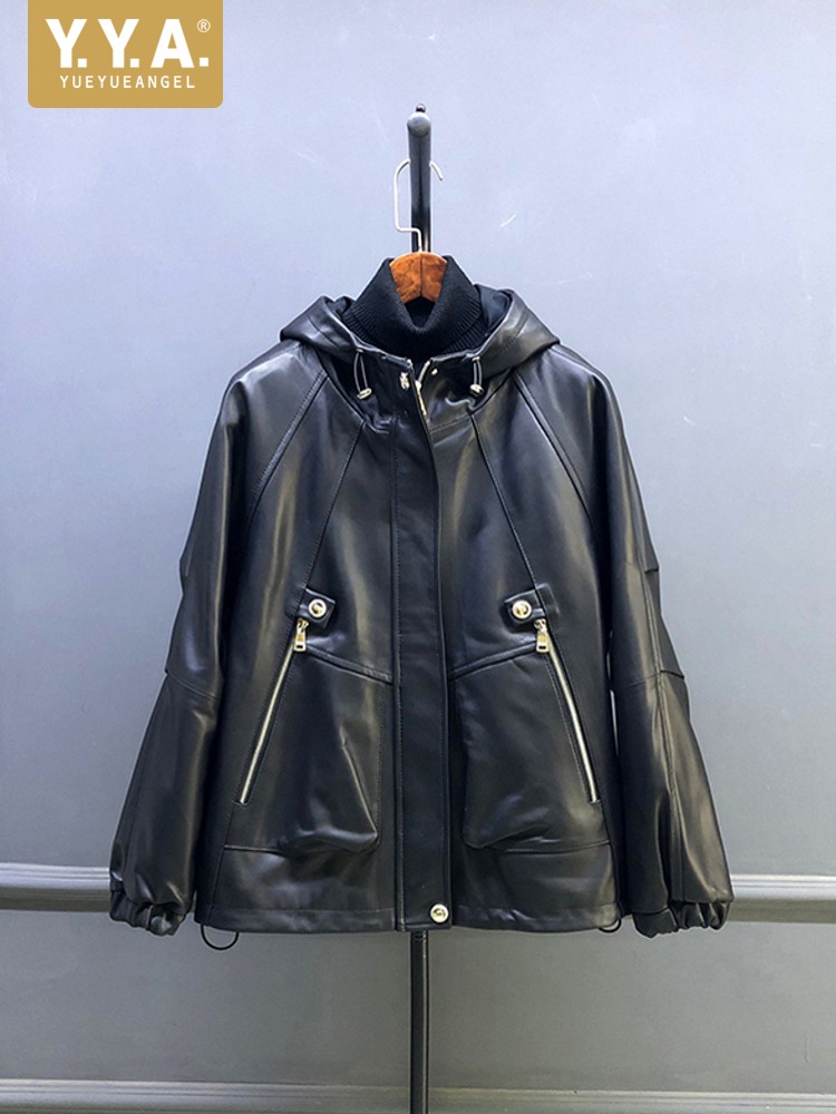 Hot Sale Autumn Women Natural  - Leather Work Jacket With Hood review and price