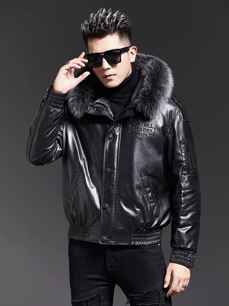 Fashion Mens Winter Fox Fur Co - Leather Work Jacket With Hood review and price